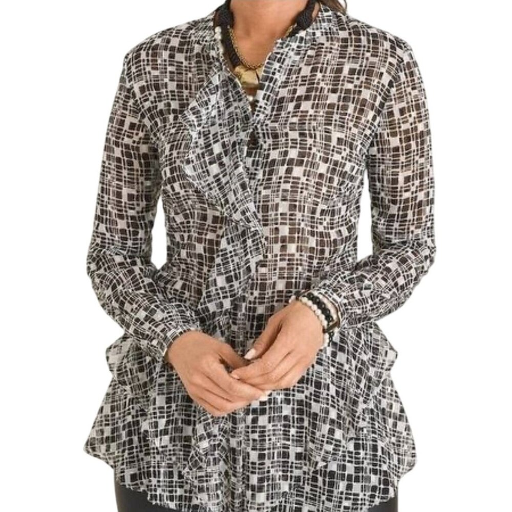 Chicos Black & White Geometric Ruffle Blouse Size 1 = M Sheer Lightweight - Picture 1 of 11